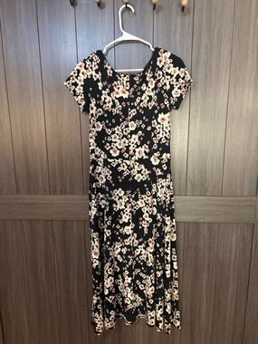 Perceptions Black Floral Midi Dress with Cream & Pink Blossoms